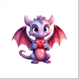 Valentine Dragon Holding Heart Posters and Art